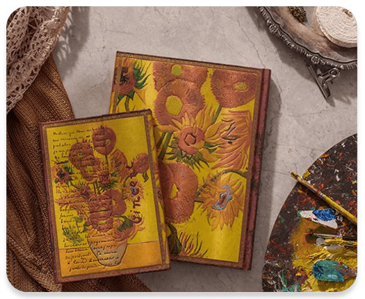 Journal cover featuring Van Gogh’s Sunflowers (1889) overlaid with a handwritten letter to his brother Theo.